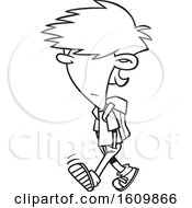 Clipart Of A Cartoon Black And White Boy With Messy Hair Walking To School Royalty Free Vector Illustration