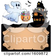 Poster, Art Print Of Haunted House With A Ghost Holding A Candy Bucket