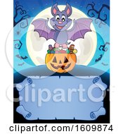 Clipart Of A Halloween Vampire Bat Flying With A Jackolantern Candy Bucket Royalty Free Vector Illustration
