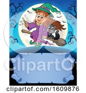 Poster, Art Print Of Halloween Witch Girl With With A Cat On A Broomstick Over A Scroll