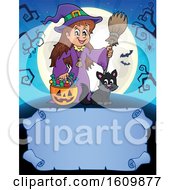Poster, Art Print Of Halloween Witch Girl And Cat Over A Blank Scroll