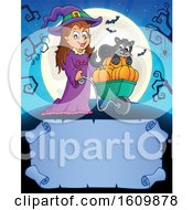 Poster, Art Print Of Halloween Witch Girl Pushing Her Cat And Pumpkins In A Wheelbarrow