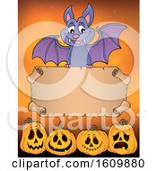 Poster, Art Print Of Halloween Vampire Bat Flying With A Scroll Over Jackolanterns