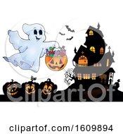 Poster, Art Print Of Haunted House With A Trick Or Treating Ghost