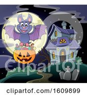 Poster, Art Print Of Halloween Vampire Bat Flying With A Jackolantern Candy Bucket