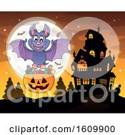Poster, Art Print Of Halloween Vampire Bat Flying With A Jackolantern Candy Bucket