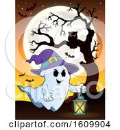 Clipart Of A Ghost Flying With A Lantern Royalty Free Vector Illustration