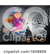 Poster, Art Print Of Halloween Witch Girl Flying On A Broomstick