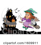 Poster, Art Print Of Halloween Witch Girl With With A Cat On A Broomstick Near A Haunted House