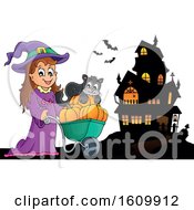 Poster, Art Print Of Halloween Witch Girl Pushing Her Cat And Pumpkins In A Wheelbarrow