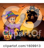 Clipart Of A Halloween Witch Girl And Cat Over A Blank Scroll Royalty Free Vector Illustration