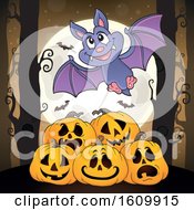 Poster, Art Print Of Halloween Vampire Bat Over Jackolanterns
