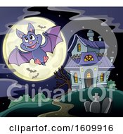 Poster, Art Print Of Halloween Vampire Bat Flying By A Haunted House