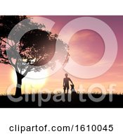 3D Silhouette Of A Boy And His Dog Against A Sunset Sky