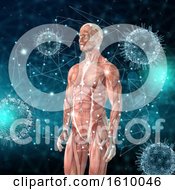 3D Medical Background With Male Figure With Muscle Map And Virus Cells