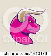 Poster, Art Print Of Cartoon Styled Profiled Magenta Bull Head Icon On A Beige Background