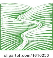 Clipart Of A Sketched Green River Through Hills Royalty Free Vector Illustration