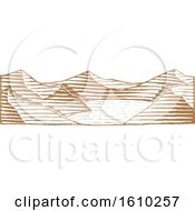 Poster, Art Print Of Sketched Brown Landscape Of A Lake And Mountains
