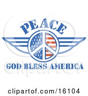 Poster, Art Print Of American Peace Symbol With Stars And Stripes And Wings With Text Reading God Bless America