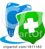 Clipart Of A Blue And Green Dental Tooth And Cross Royalty Free Vector Illustration
