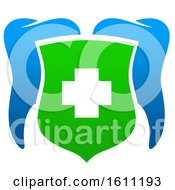 Clipart Of A Blue And Green Dental Tooth And Cross Royalty Free Vector Illustration