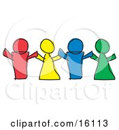Red Yellow Blue And Green Paper Dolls Or Children Holding Hands Clipart Illustration by Andy Nortnik #COLLC16113-0031