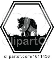 Clipart Of A Black And White Boar Hunting Design Royalty Free Vector Illustration