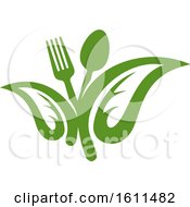 Poster, Art Print Of Vegetarian Food Design With A Spoon Fork And Leaves