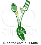 Clipart Of A Vegetarian Food Design With A Spoon Fork And Leaves Forming The Letter V Royalty Free Vector Illustration by Vector Tradition SM