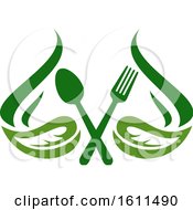 Poster, Art Print Of Vegetarian Food Design With A Spoon Fork And Leaves