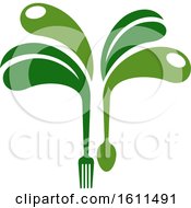 Poster, Art Print Of Vegetarian Food Design With A Spoon Fork And Abstract Leaves