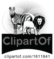 Clipart Of A Black And White Zebra And Male Lion Over A Blank Banner Royalty Free Vector Illustration