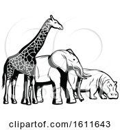 Clipart Of A Black And White Giraffe Elephant And Hippo Royalty Free Vector Illustration