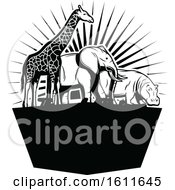 Poster, Art Print Of Black And White Giraffe Elephant And Hippo
