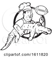 Clipart Of A Retro Black And White Male Chef Twirling A Football On His Finger And Carrying An Alligator Royalty Free Vector Illustration
