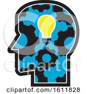 Poster, Art Print Of Profiled Head With A Glowing Light Bulb And Gear Cogs