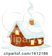 Clipart Of A Cabin In The Winter With Smoke Rising From The Chimney Royalty Free Vector Illustration