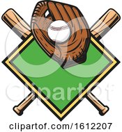 Clipart Of A Baseball In A Glove Over A Diamond And Crossed Bats Royalty Free Vector Illustration