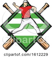 Clipart Of A Baseball Pitcher Over A Diamond And Crossed Bats Royalty Free Vector Illustration by Vector Tradition SM