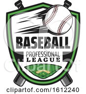 Clipart Of A Flying Baseball In A Shield Over A Field And Crossed Bats Royalty Free Vector Illustration