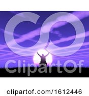 Poster, Art Print Of 3d Male In Wheelchair With Arms Raised Against A Purple Sunset Landscape With Cloud Trails In The Sky