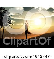 3D Female In Yoga Pose Against A Sunset Landscape