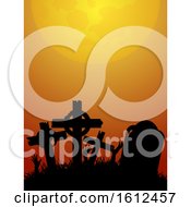 Poster, Art Print Of Halloween Red And Yellow Background With Zombie Hands And Graveyard