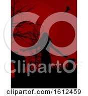 Poster, Art Print Of Dark Red Halloween Background With Female Zombie Silhouette Walking In A Graveyard