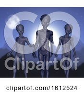 Poster, Art Print Of 3d Spooky Aliens Against Mountain And Moon Landscape