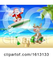 Poster, Art Print Of Santa Claus And Reindeer Christmas Beach Scene