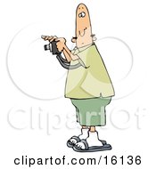 Bald Male Tourist In Green Taking A Picture With A Camera Clipart Illustration by djart