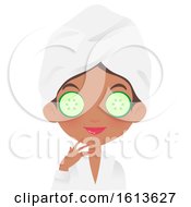 Clipart Of A Black Girl Wearing A Cucumber Mask And A Spa Robe And Towel On Her Head Royalty Free Vector Illustration