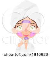 Clipart Of A Green Eyed Brunette White Girl With A Face Mask On Wearing A Spa Robe And Towel On Her Head Royalty Free Vector Illustration