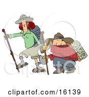 Skinny Woman Hiking With Her Husband That Is Out Of Shape Kneeling And Taking A Drink From A Canteen